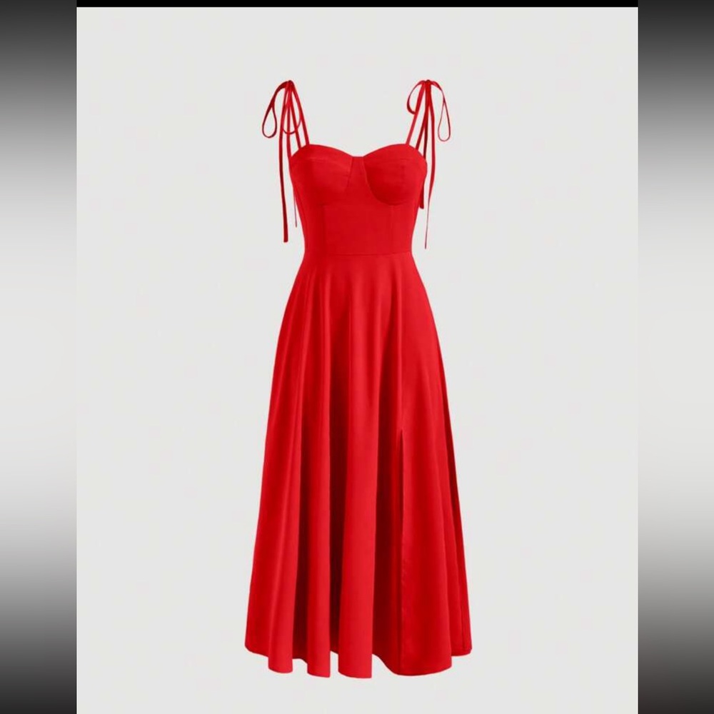 Red Solid Tie Shoulder Cami Dress